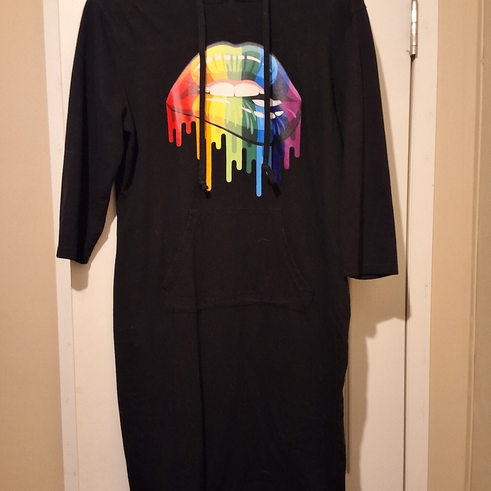 Black Hoodie Dress with Rainbow Lips Graphic